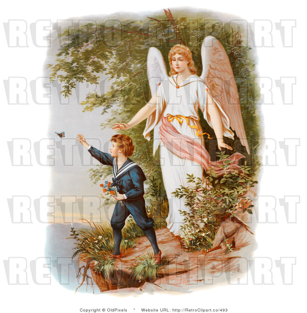 Retro Vintage Guardian Angel Watching Over A Boy Royalty Free Clipart