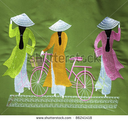 Traditional Vietnamese Particulars I E  Ao Dai Hat And Bicycle