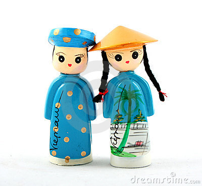 Two Wooden Vietnamese Dolls   Girl And Boy   Over White