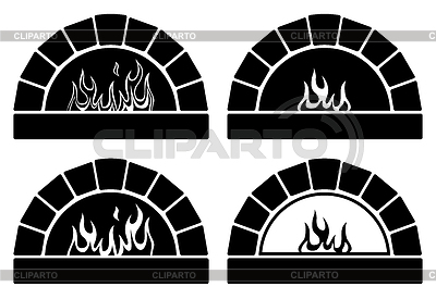 Vector Black And White Clipart Set Of Ovens With Burning Fire    