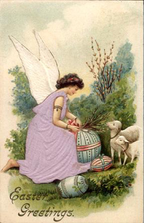 Vintage Easter Clip Art   Lambs With Angel In Easter Garden With Eggs