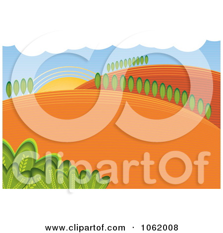 Clipart Hilly Rural Farm Landscape   Royalty Free Vector Illustration