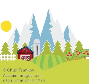 Clipart Image Of A Landscape Of A Farm Backed By A Forest   Acclaim    