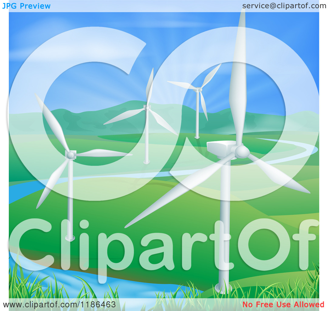 Clipart Of Wind Farm Turbines In A Hilly Landscape With A Spring And    
