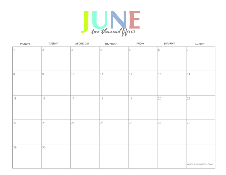 Cute June 2015 Calendar Printable The Colorful 2015 Monthly