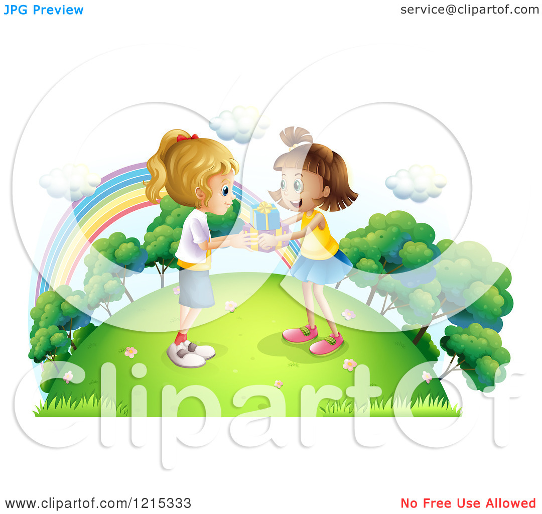 Girls Exchanging Gifts Under A Rainbow   Royalty Free Vector Clipart    
