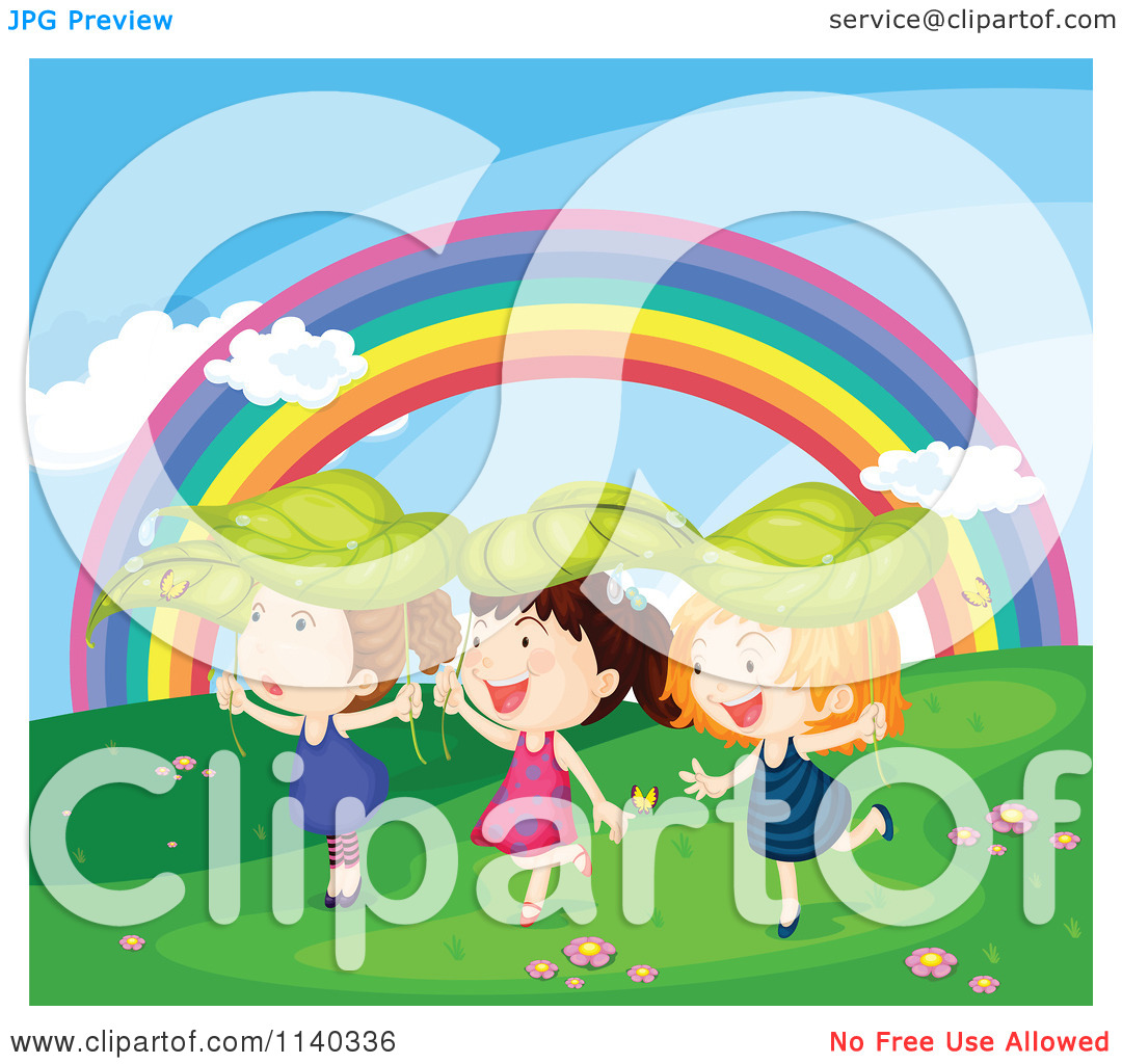 Girls Playing With Leaves By A Rainbow   Royalty Free Vector Clipart