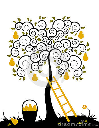 Illustrated Pear Tree Ladder And Basket Of Pears On White Background