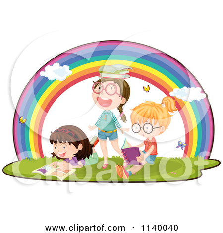 Of Little Girls Reading Under A Rainbow   Royalty Free Vector Clipart