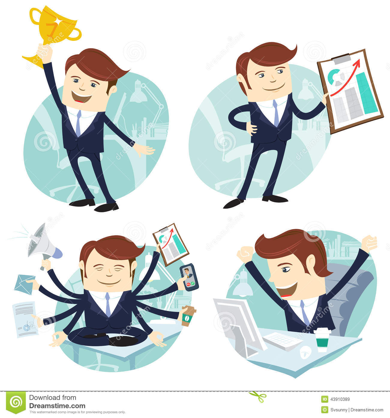 Office Man Set  Showing A Graph Happy Worker At His Desk Busy Stock