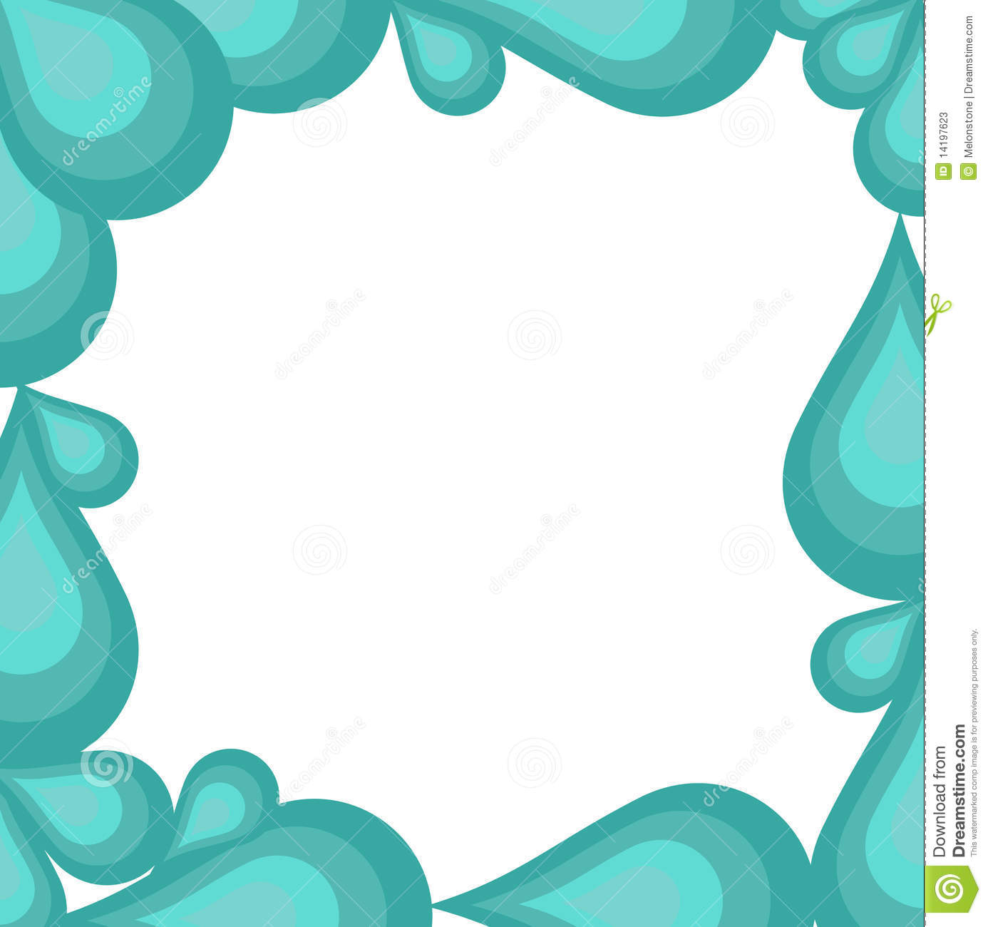 Border Or Frame Of Turquoise Blue Water Drops Or Droplets With Blank    