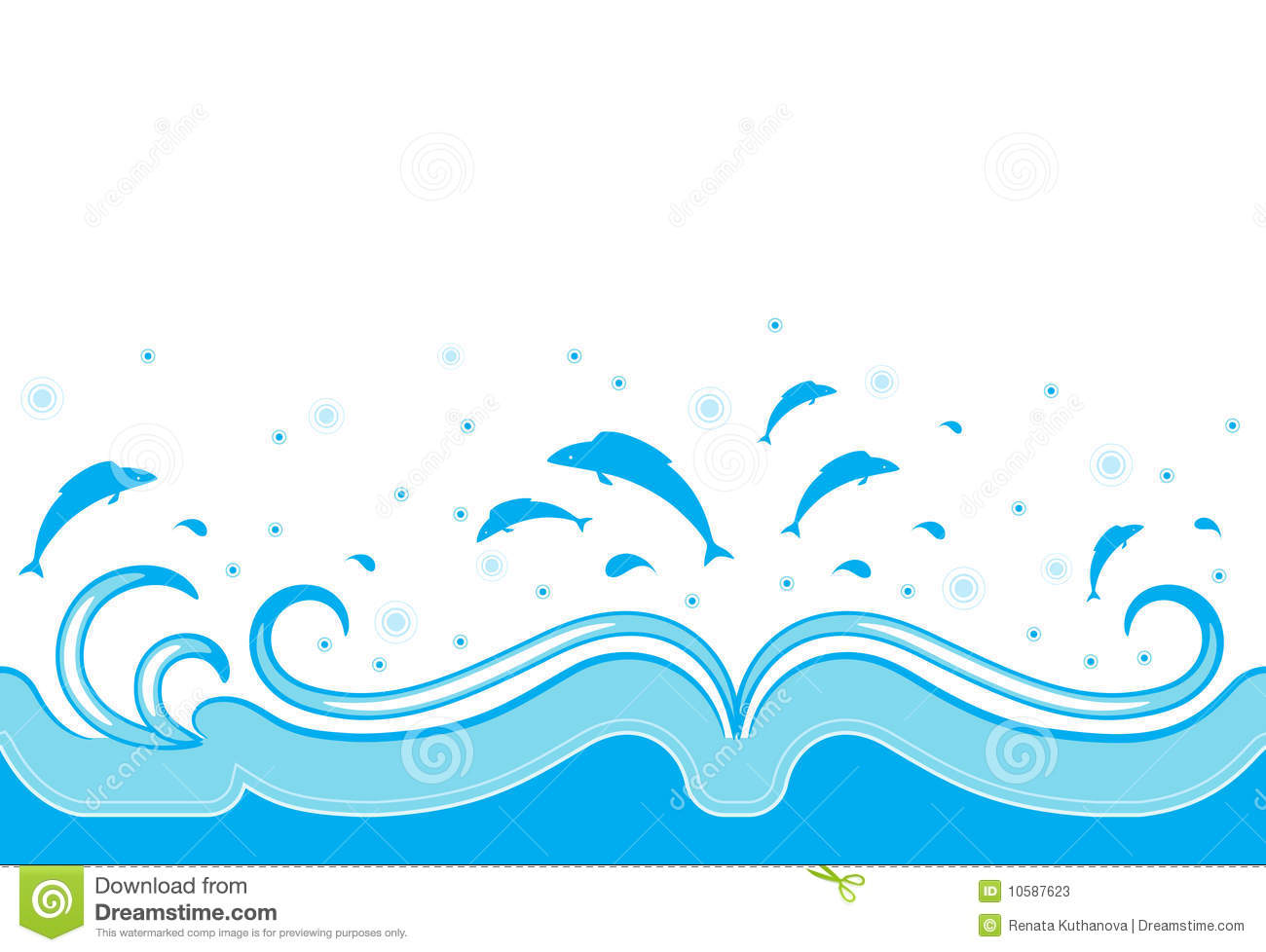 Illustrated Blue Border With Waves And Fishes On White Background