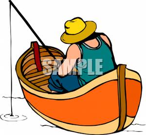 Man Fishing In A Wooden Boat   Royalty Free Clipart Picture