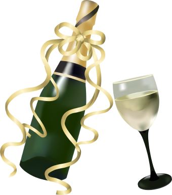 Of White Wine Or Champagne Wrapped In Gold Ribbon And Glass Of Wine