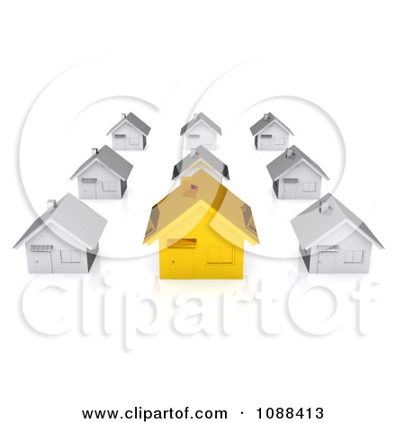 Clipart 3d Gold House In A Neighborhood Of White Houses   Royalty Free