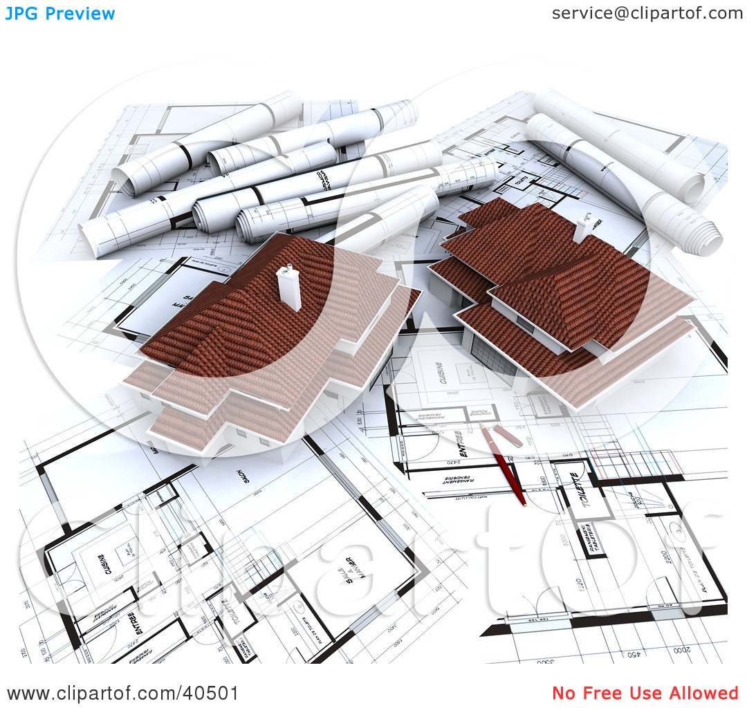 Clipart Illustration Of Two 3d Houses On Blueprints By Franck Boston