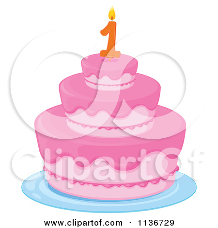 Pink Birthday Cake With A 1 Candle 1   Royalty Free Vector Clipart