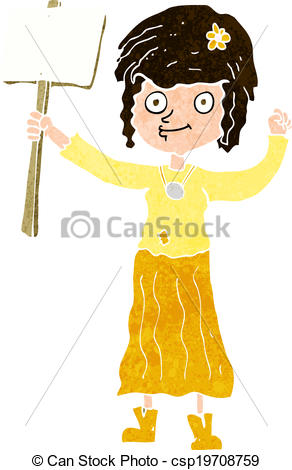 Vector   Cartoon Hippie Girl With Protest Sign   Stock Illustration