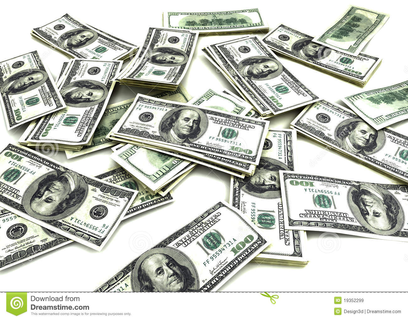 100 Dollar Bills Scattered On Plain White Background 
