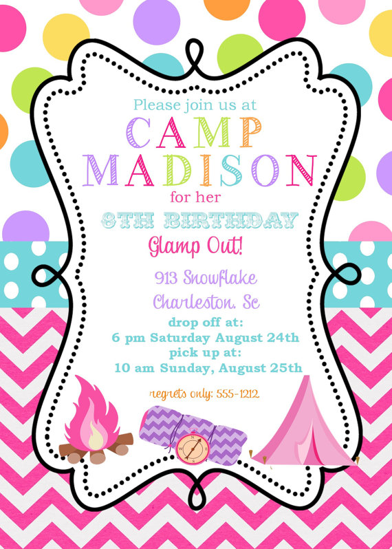 12 Girls Camping Birthday Party Invitations With Envelopes  Glamping