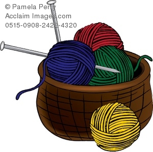 Clip Art Illustration Of A Basket Of Yarn With Knitting Needles