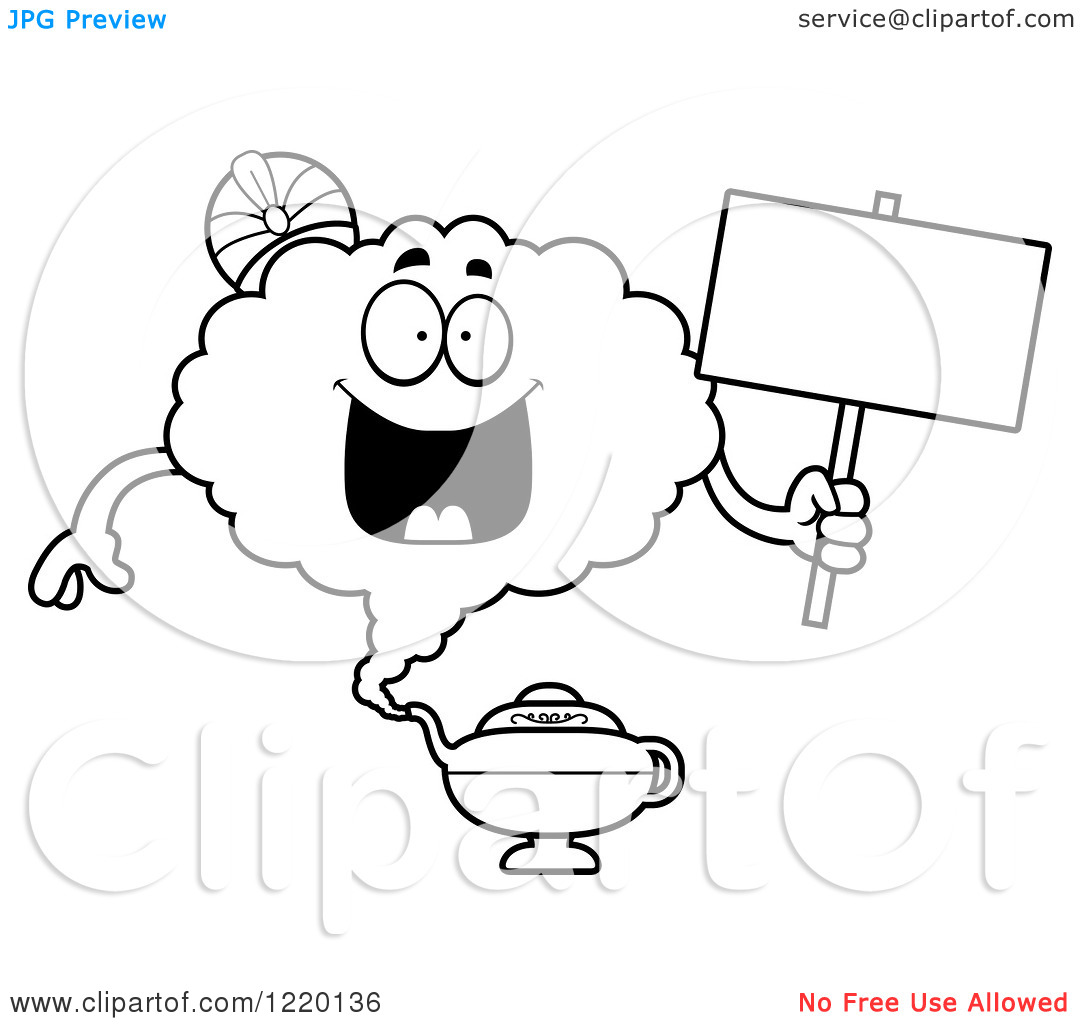 Clipart Of A Black And White Happy Magic Genie Mascot Holding A Sign