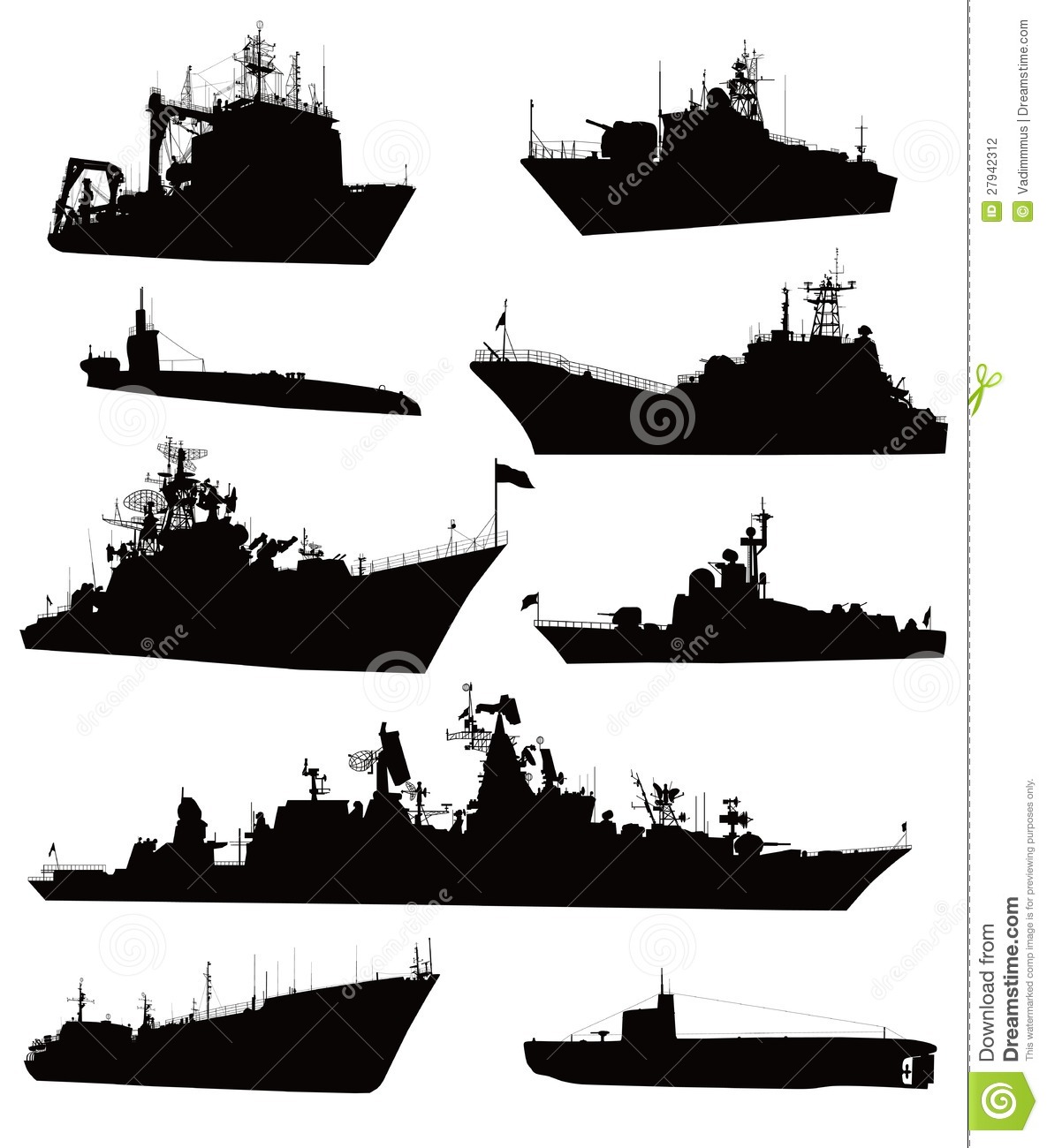 High Detailed Military Ship Silhouettes Set  Vector