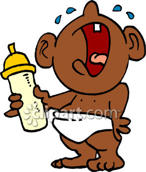 1130 African American Baby Crying And Holding A Bottle Clipart Image