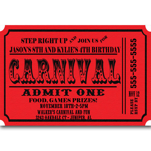 Carnival Ticket Birthday Party Invitations Announcement Digital File