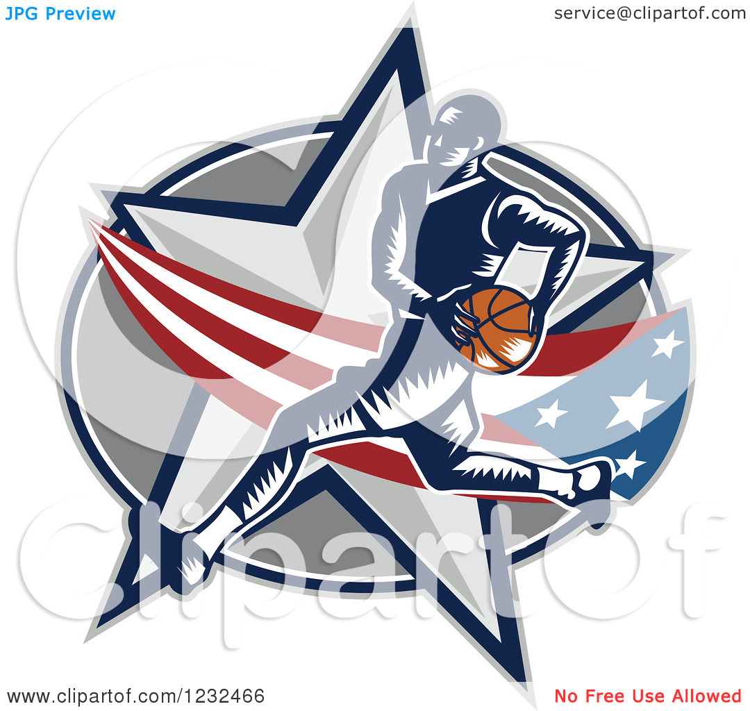 Clipart Of A Woodcut Basketball Player Over An American Swoosh And