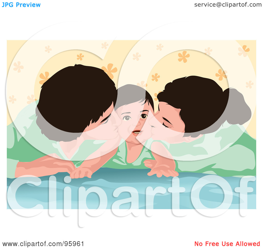 Rf  Clipart Illustration Of A Smiling Baby Being Kissed By Mom And Dad