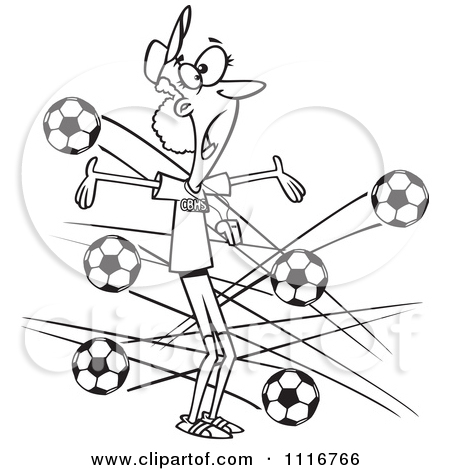 Soccer Coach With Balls Flying At Her   Royalty Free Vector Clipart By