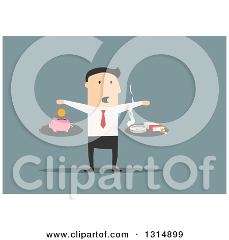 Clipart Of A Flat Design White Businessman Scale Comparing The Cost Of