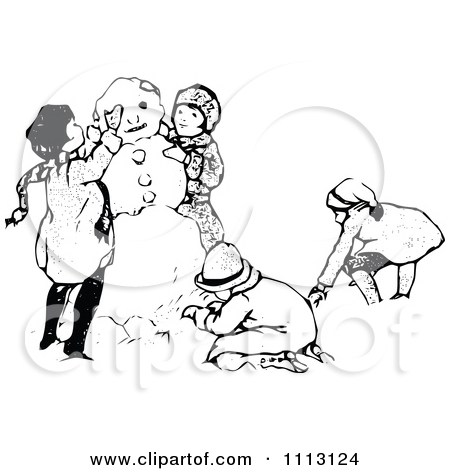Clipart Vintage Black And White Kids Making A Snowman   Royalty Free