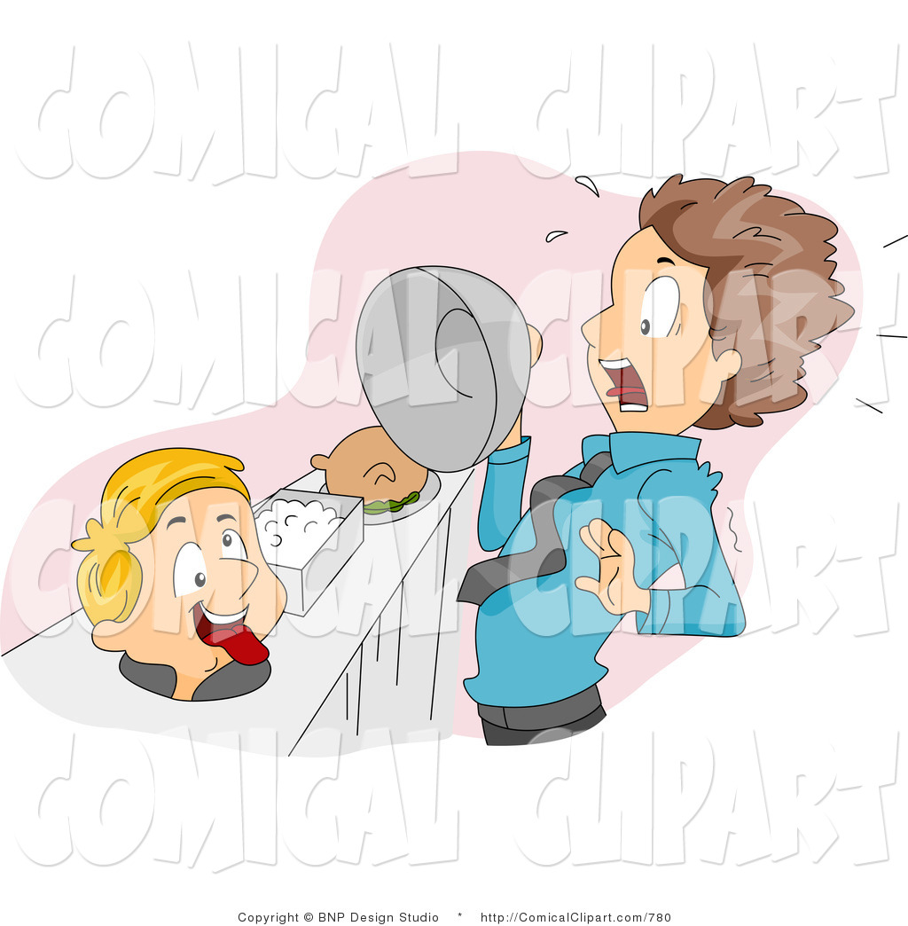 Comical Vector Clip Art Of A Kid Scaring Adult Man At A Buffet Table