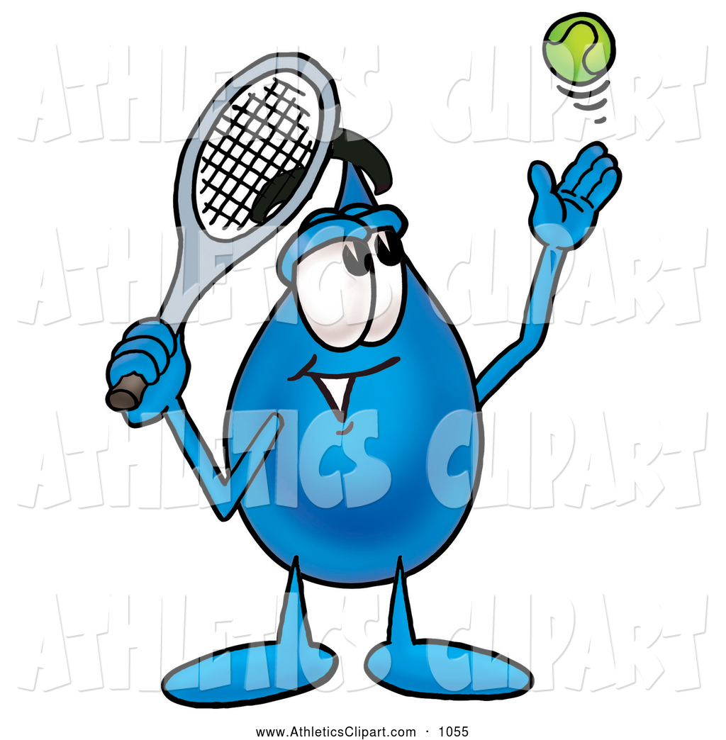 Cute Water Drop Mascot Cartoon Character Preparing To Hit A Tennis