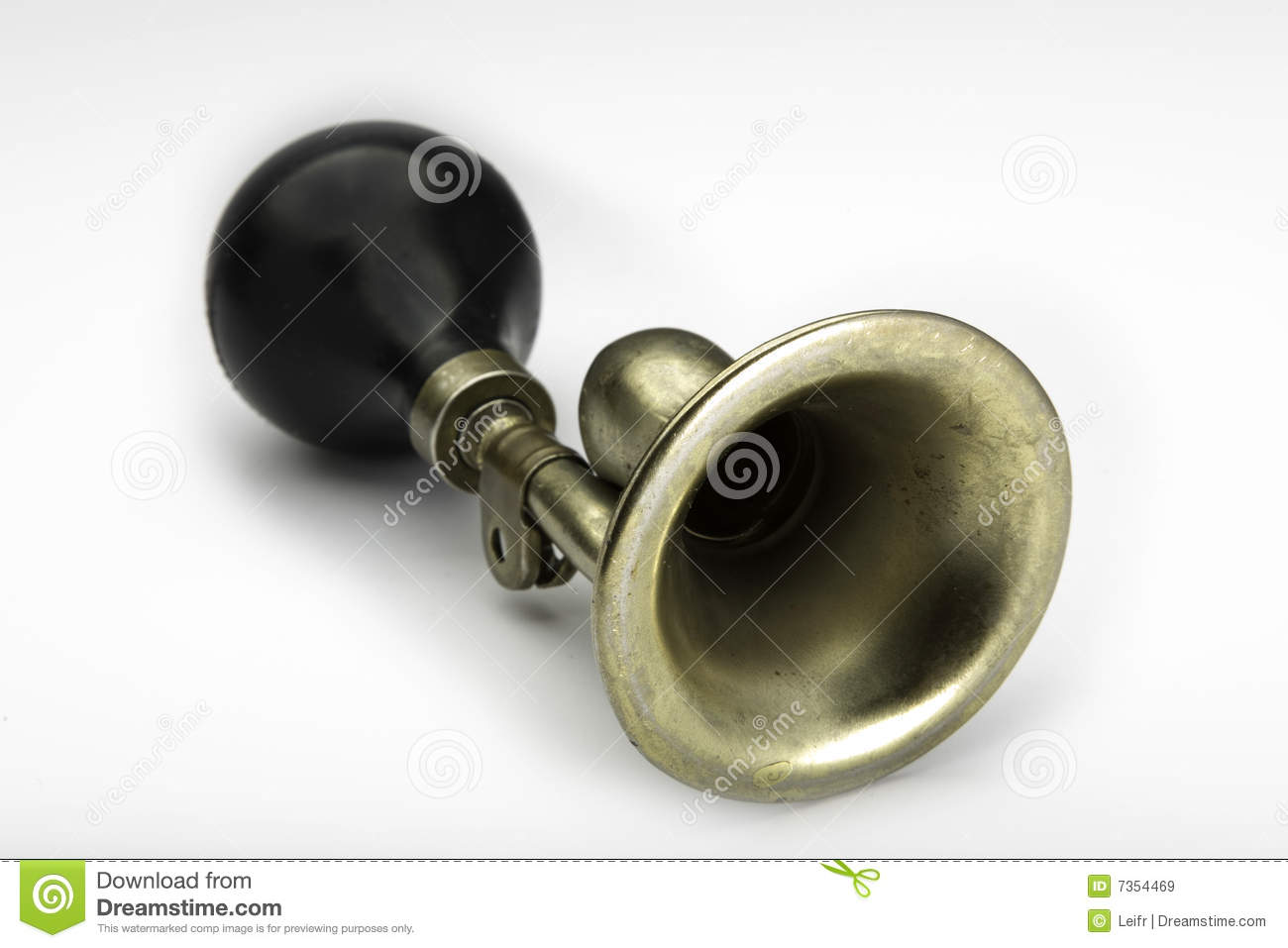 Brass Bicycle Horn With A Black Squeeze Bulb Isolated On A White