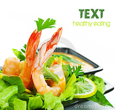 Green Salad With Shrimps Border Isolated On White Background Healthy