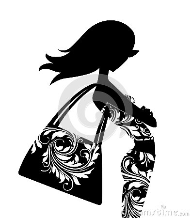 Silhouette Of A Chic Young Woman With A Large Handbag Posing In    