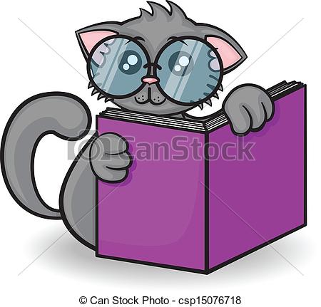 Vector Clip Art Of Little Funny Cartoon Cat With Big Glasses Reads The