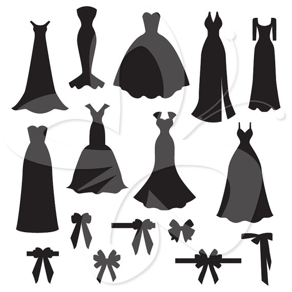 Wedding Dress And Bow Silhouettes Digital Clip Art Clipart Set