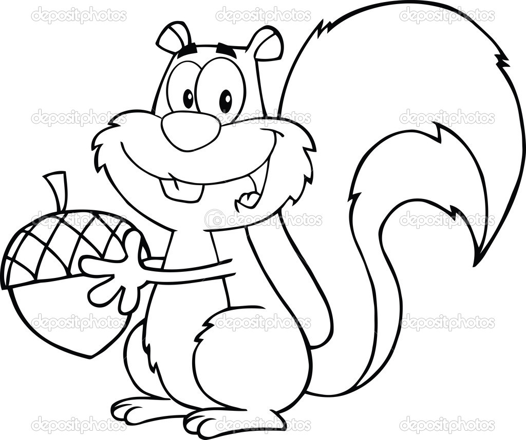 Black And White Cute Squirrel Cartoon Character Holding A Acorn