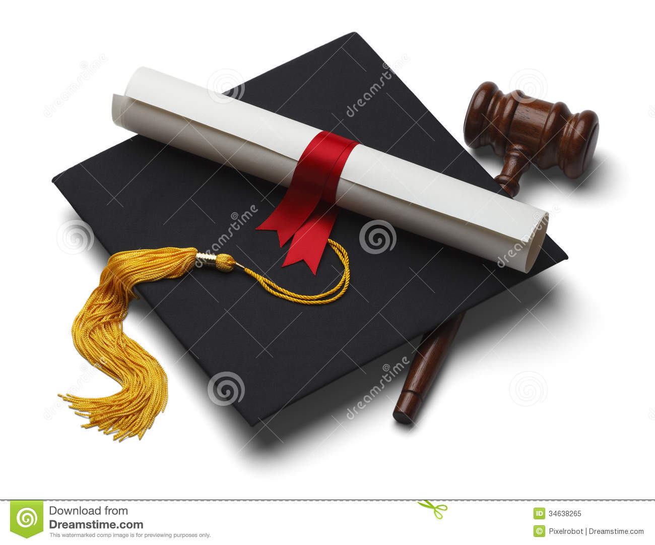 Black Graduation Hat With Degree And Gavel Isolated On White