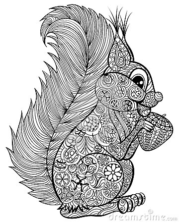 Hand Drawn Funny Squirrel With Nut For Adult Anti Stress Coloring Page    