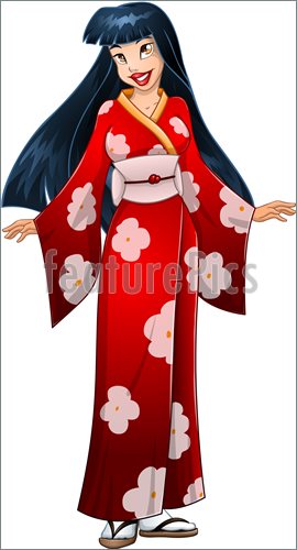 Illustration Of An Asian Woman In Traditional Red Japanese Kimono