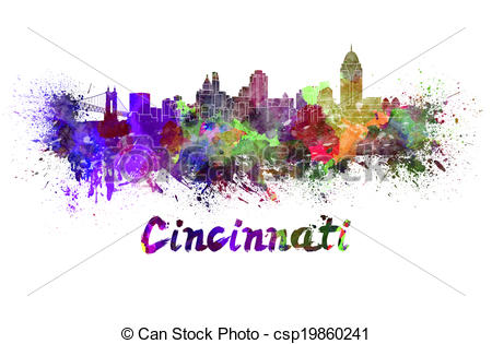 Drawing Of Cincinnati Skyline In Watercolor Splatters Csp19860241