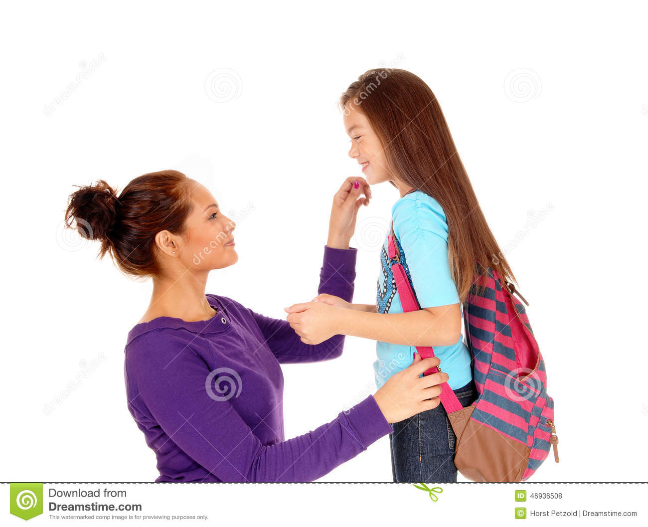 Mother Getting Her Eight Year Old Girl Ready For School The Girl