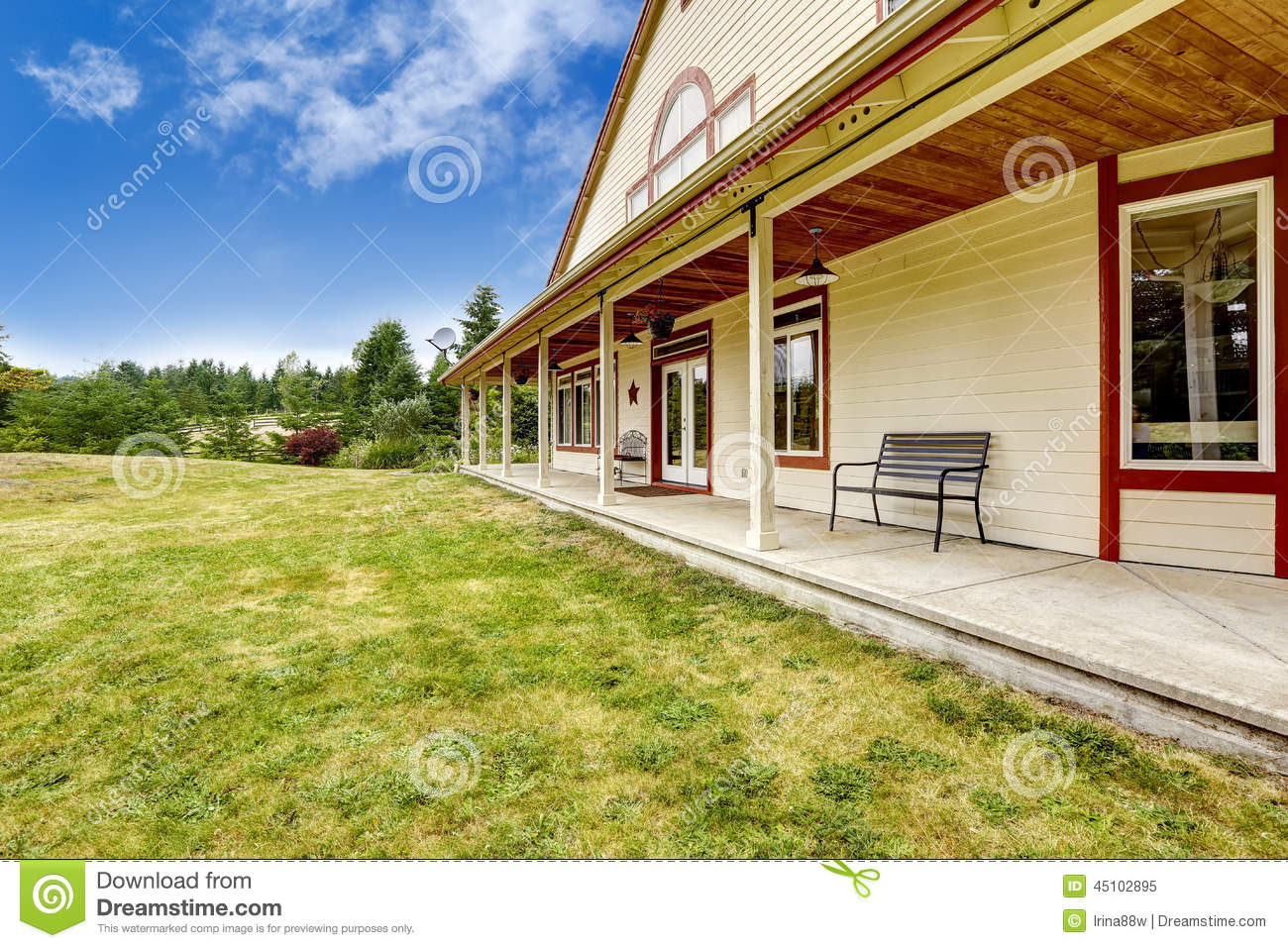 Photo  American Farm House Exterior  Large Intrance Porch With Bench