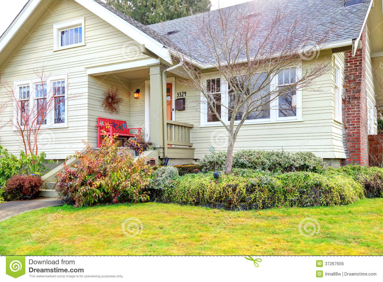 Small Front Porch With Red Bench Royalty Free Stock Image   Image