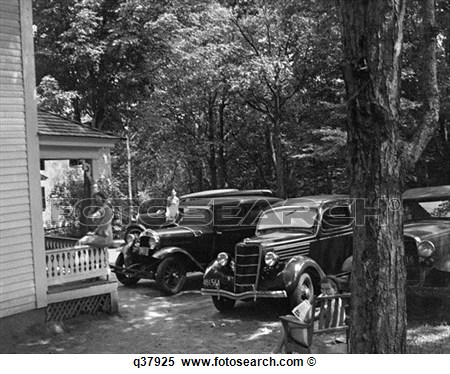 Stock Image Of 1930s Cars Parked Front Yard Woman On Porch Bench Lazy